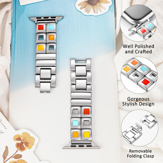 Skimemry Color Stone Stainless Steel Watch Bands Bracelet Compatible with Apple Watch Series 1-10 (38/40-42/44-46/49mm)